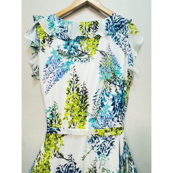 Worthington Womens Floral Mini A-Line Dress Size 16 White Ruffle Sleeves Pocket - Picture 13 of 14